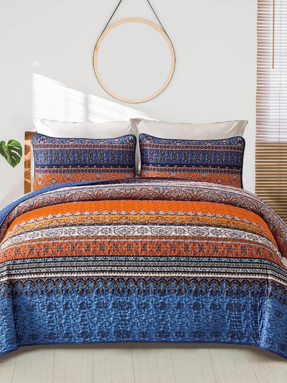 Boho Queen Quilt Bedding Set, 3 Pieces Bedspread, Blue Orange